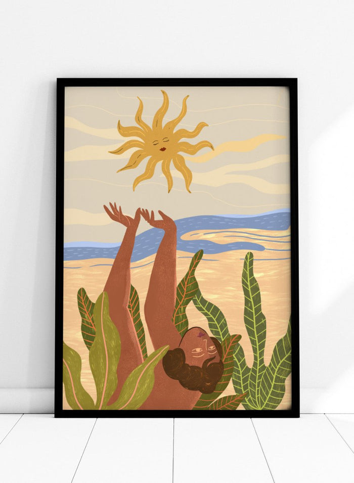Illustration of a person emerging from water with a sun above, surrounded by plants. Sun Worship by Arty Guava art print, modern woman illustration wall poster with sun and tropical leaves, contemporary nature inspired artwork.