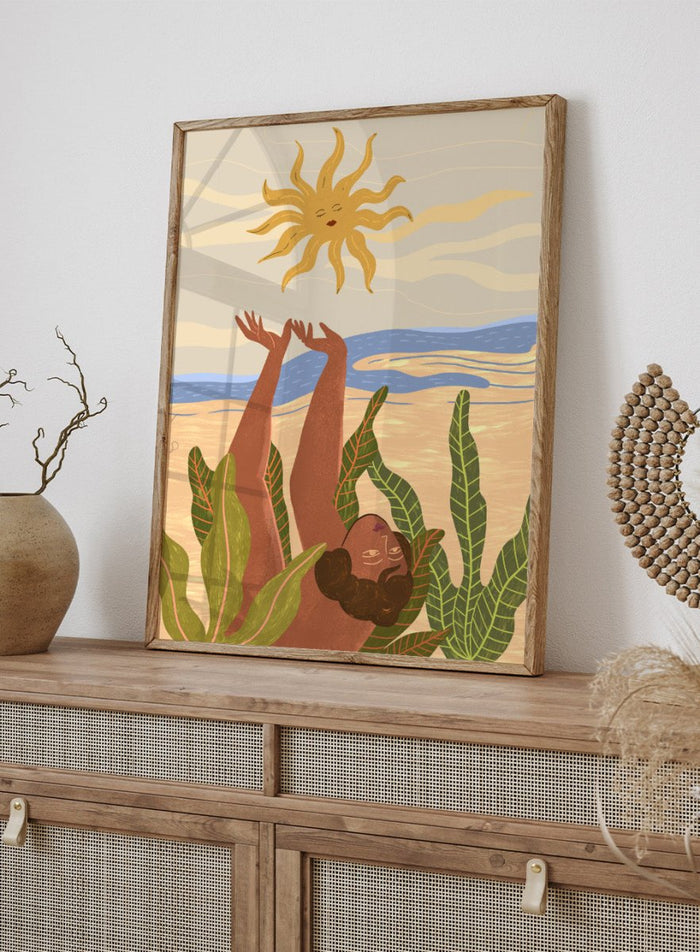 Illustration of a person emerging from water with a sun above, surrounded by plants. Sun Worship by Arty Guava art print, modern woman illustration wall poster with sun and tropical leaves, contemporary nature inspired artwork.