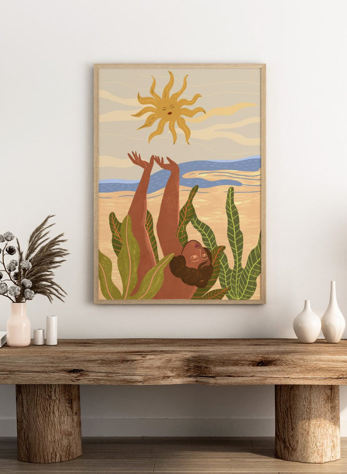 Illustration of a person emerging from water with a sun above, surrounded by plants. Sun Worship by Arty Guava art print, modern woman illustration wall poster with sun and tropical leaves, contemporary nature inspired artwork.