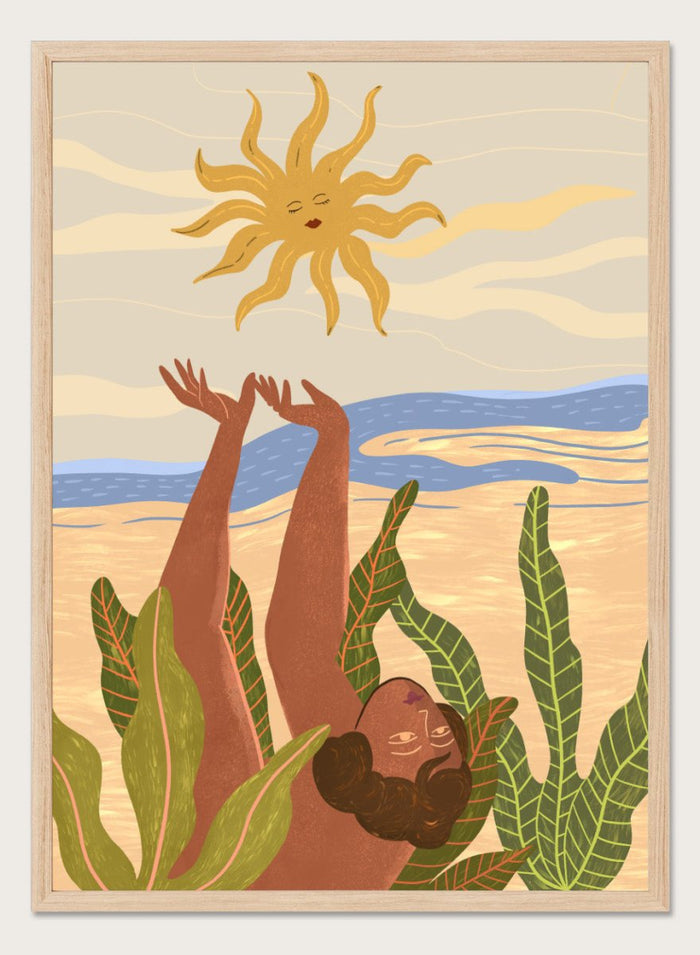 Illustration of a person emerging from water with a sun above, surrounded by plants. Sun Worship by Arty Guava art print, modern woman illustration wall poster with sun and tropical leaves, contemporary nature inspired artwork.
