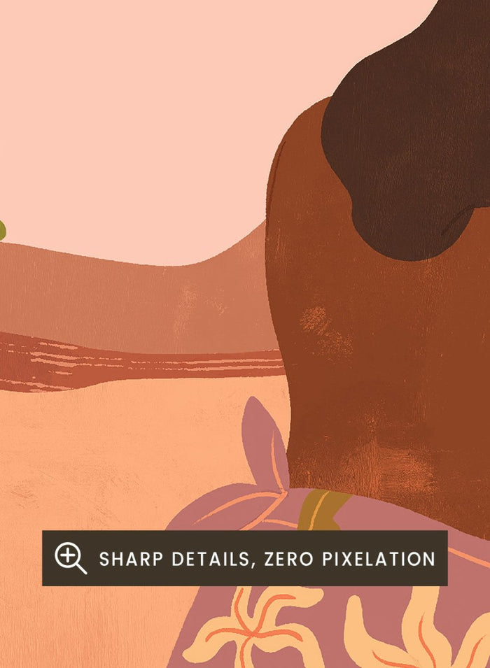 Illustration of a woman in a floral dress sitting by a pool with a sun and desert landscape in the background. Sunset by Arty Guava art print, modern woman illustration wall poster in warm pink tones, contemporary nature landscape artwork.