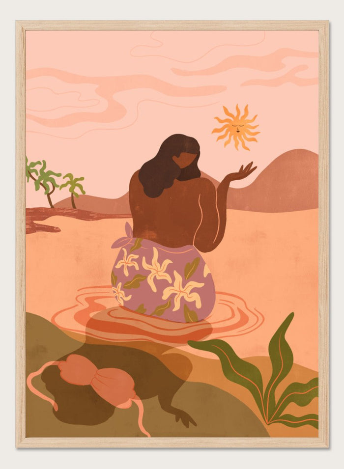 Illustration of a woman in a floral dress sitting by a pool with a sun and desert landscape in the background. Sunset by Arty Guava art print, modern woman illustration wall poster in warm pink tones, contemporary nature landscape artwork.