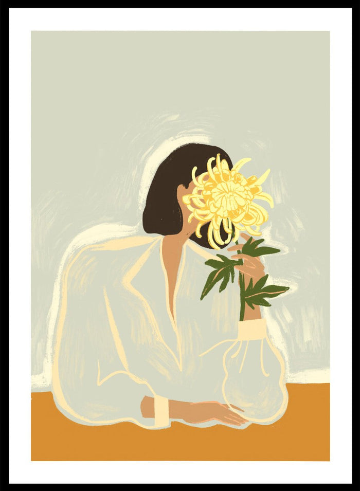 Illustration of a woman in a white dress holding a large yellow flower against a light background. The Chrysanthemum by Arty Guava is a modern portrait illustration featuring a woman with flowers, contemporary floral wall art style, and officially licensed artwork.