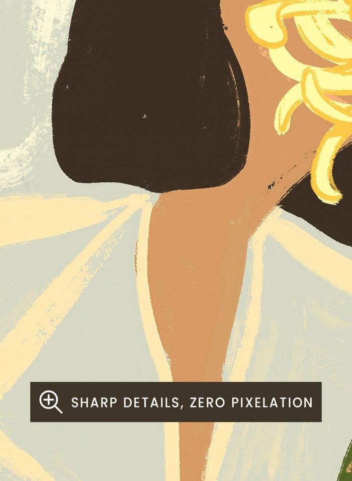 Illustration of a woman in a white dress holding a large yellow flower against a light background. The Chrysanthemum by Arty Guava is a modern portrait illustration featuring a woman with flowers, contemporary floral wall art style, and officially licensed artwork.