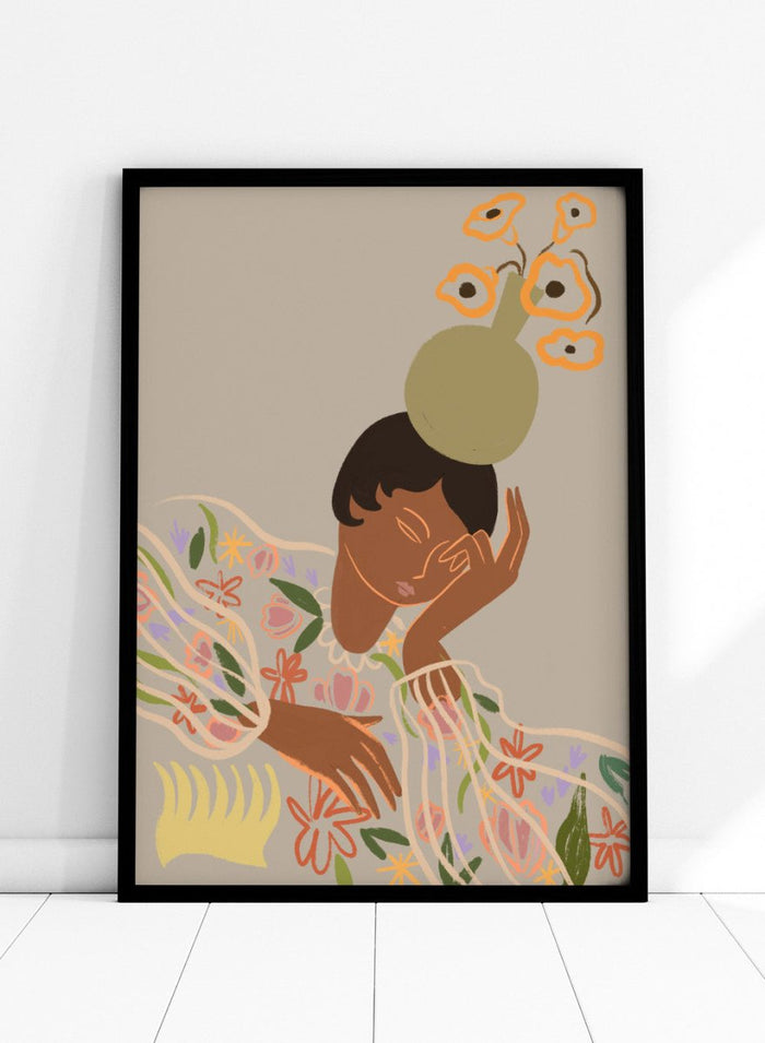 Illustration of a person with a flower on their head against a beige background. The Overthinker by Arty Guava is a modern woman illustration art print with soft florals and warm tones. Officially licensed wall poster with framing.