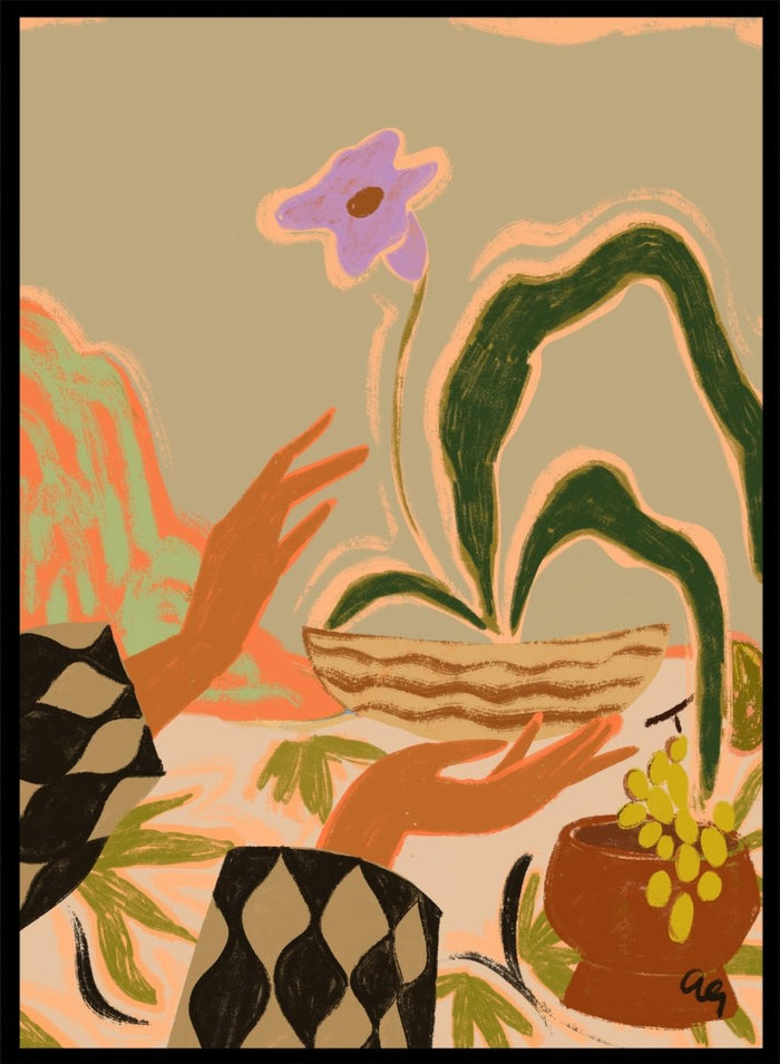 Abstract artwork with hands holding a woven basket and a flower, set against a beige background. The Power Of One by Arty Guava is a nature-inspired art print featuring botanical forms, expressive hands, tropical influences, and contemporary illustration.