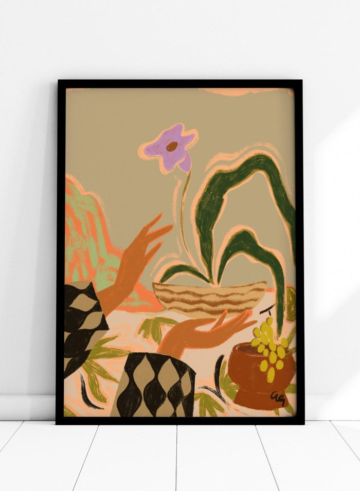 Abstract artwork with hands holding a woven basket and a flower, set against a beige background. The Power Of One by Arty Guava is a nature-inspired art print featuring botanical forms, expressive hands, tropical influences, and contemporary illustration.