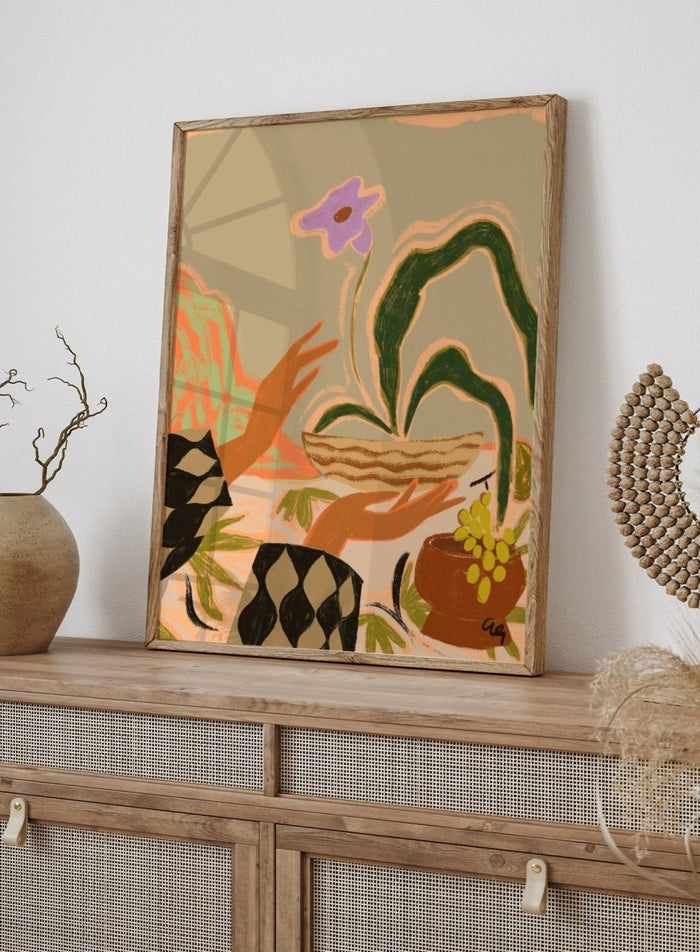 Abstract artwork with hands holding a woven basket and a flower, set against a beige background. The Power Of One by Arty Guava is a nature-inspired art print featuring botanical forms, expressive hands, tropical influences, and contemporary illustration.