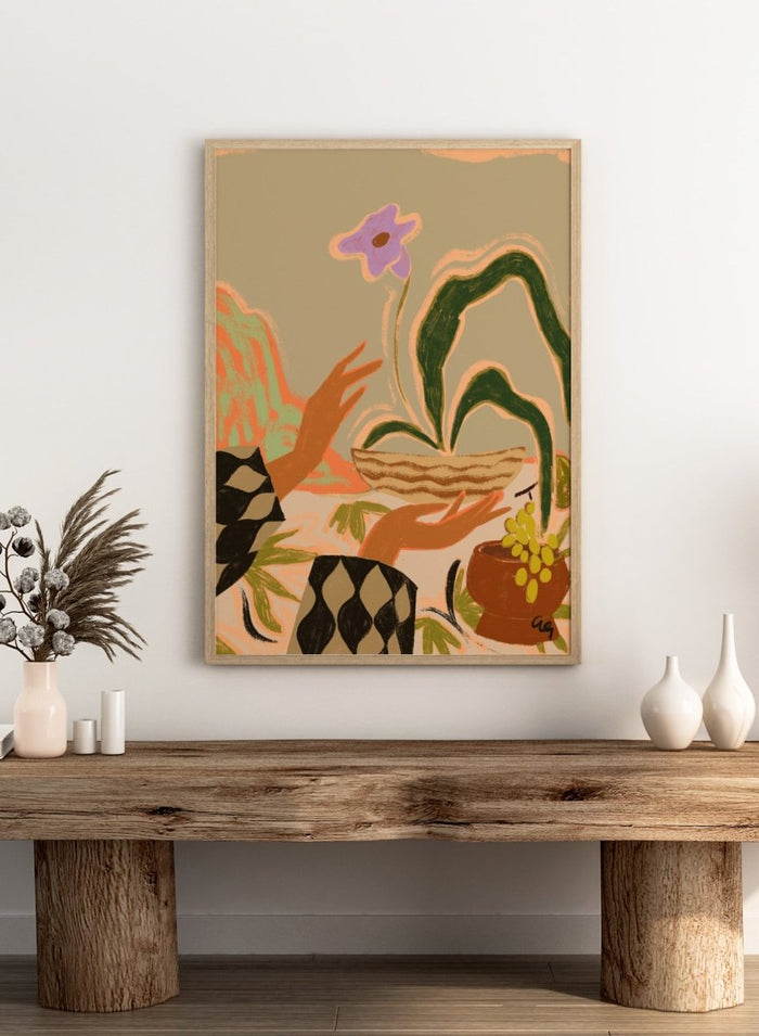 Abstract artwork with hands holding a woven basket and a flower, set against a beige background. The Power Of One by Arty Guava is a nature-inspired art print featuring botanical forms, expressive hands, tropical influences, and contemporary illustration.
