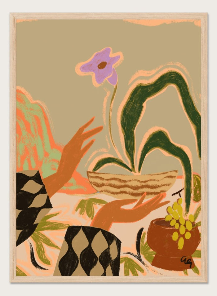 Abstract artwork with hands holding a woven basket and a flower, set against a beige background. The Power Of One by Arty Guava is a nature-inspired art print featuring botanical forms, expressive hands, tropical influences, and contemporary illustration.