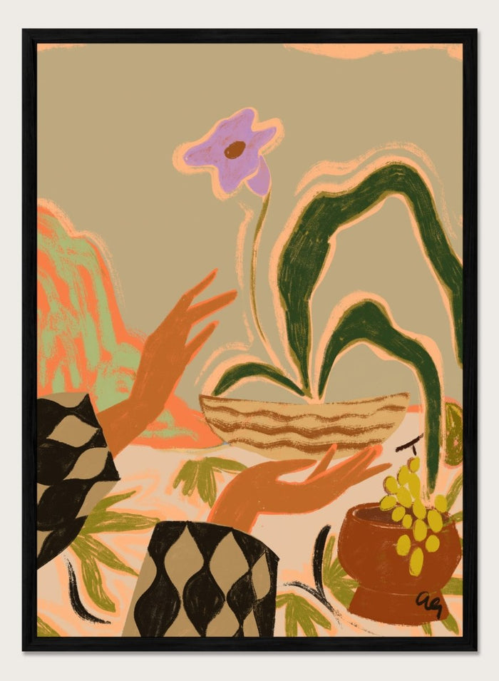 Abstract artwork with hands holding a woven basket and a flower, set against a beige background. The Power Of One by Arty Guava is a nature-inspired art print featuring botanical forms, expressive hands, tropical influences, and contemporary illustration.