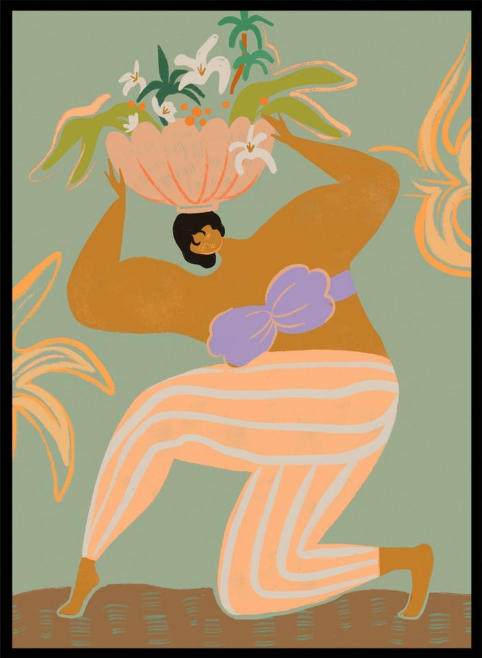 A stylized art print featuring a woman in flowing peach and white striped pants with a purple sash, carrying a large flower basket on her head against a muted sage green background. The Weight of the World by Arty Guava premium framed fine art print featuring a woman carrying tropical flowers in soft green, peach, and lilac tones.