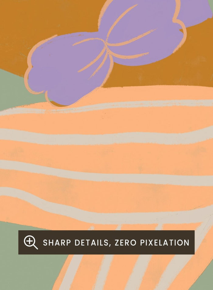 A stylized art print featuring a woman in flowing peach and white striped pants with a purple sash, carrying a large flower basket on her head against a muted sage green background. The Weight of the World by Arty Guava premium framed fine art print featuring a woman carrying tropical flowers in soft green, peach, and lilac tones.