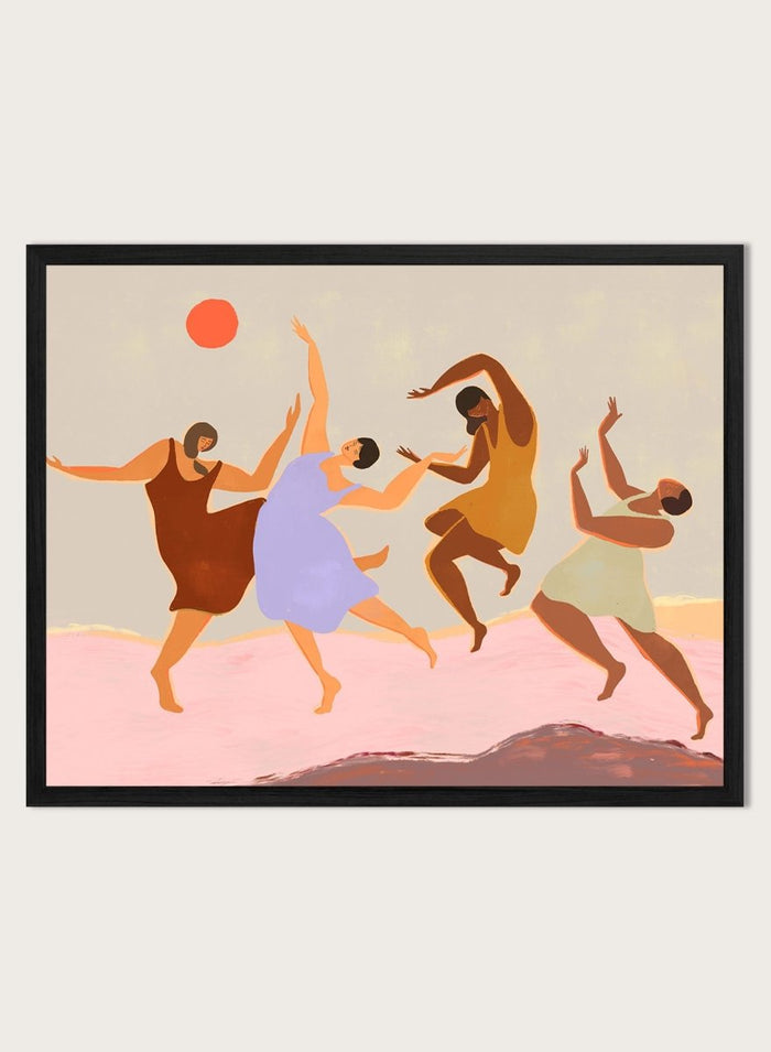 Together by Arty Guava premium framed fine art print featuring four women dancing beneath a coral sun across a soft pink landscape in warm, playful colors.