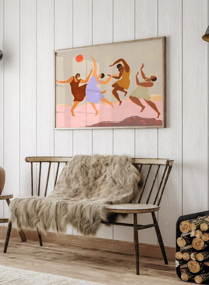Together by Arty Guava premium framed fine art print featuring four women dancing beneath a coral sun across a soft pink landscape in warm, playful colors.