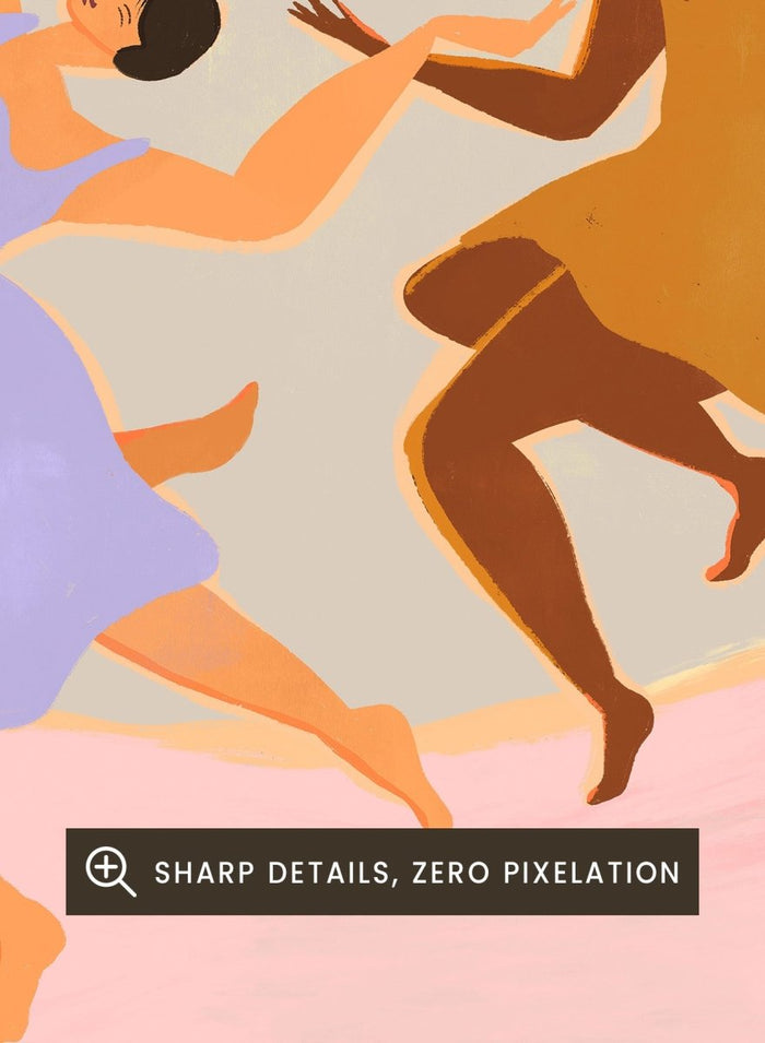 Together by Arty Guava premium framed fine art print featuring four women dancing beneath a coral sun across a soft pink landscape in warm, playful colors.