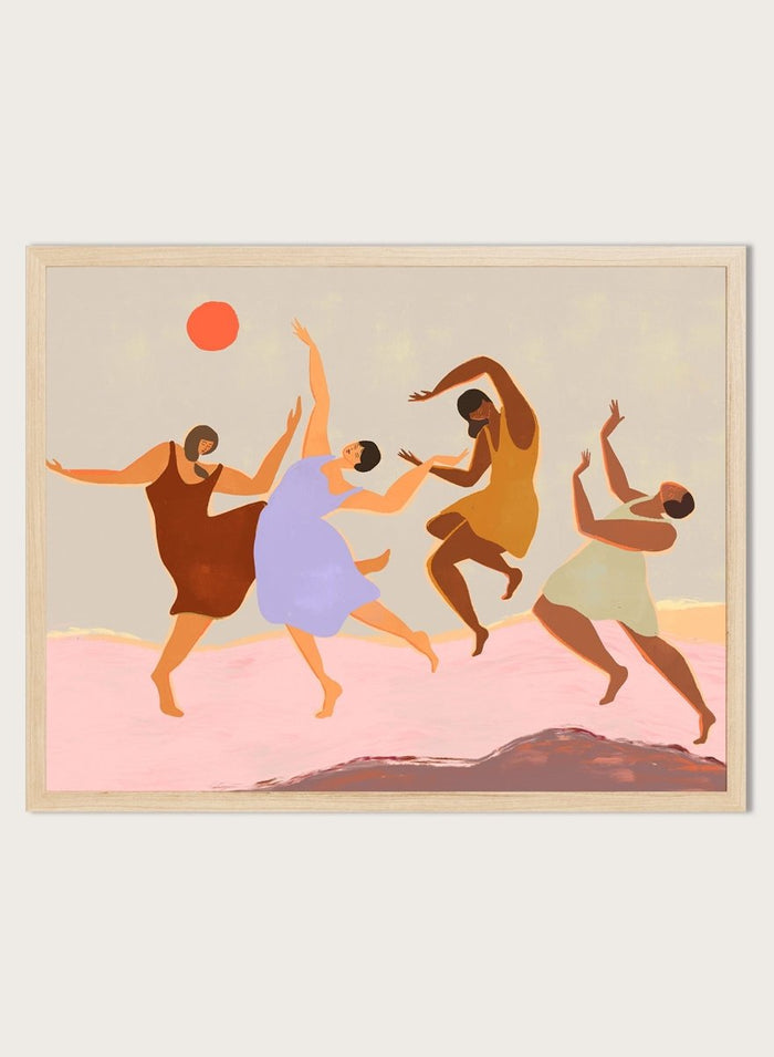 Together by Arty Guava premium framed fine art print featuring four women dancing beneath a coral sun across a soft pink landscape in warm, playful colors.