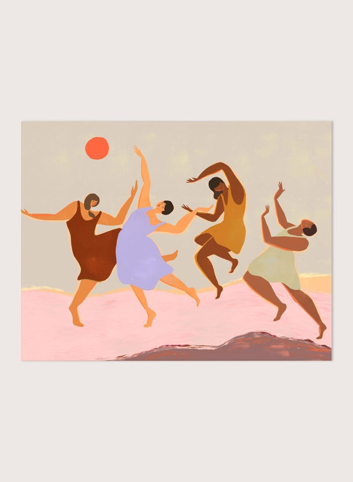 Together by Arty Guava premium framed fine art print featuring four women dancing beneath a coral sun across a soft pink landscape in warm, playful colors.