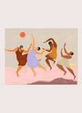 Together by Arty Guava premium framed fine art print featuring four women dancing beneath a coral sun across a soft pink landscape in warm, playful colors.