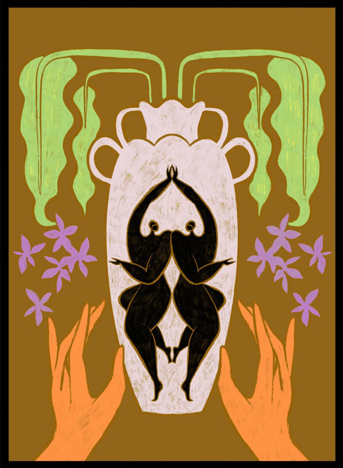 Decorative design with hands holding a vase, flowers, and abstract elements on a brown background. Vessel Collection: Better Together by Arty Guava art print, modern vase wall poster with mirrored figures, contemporary symbolic minimalist illustration.