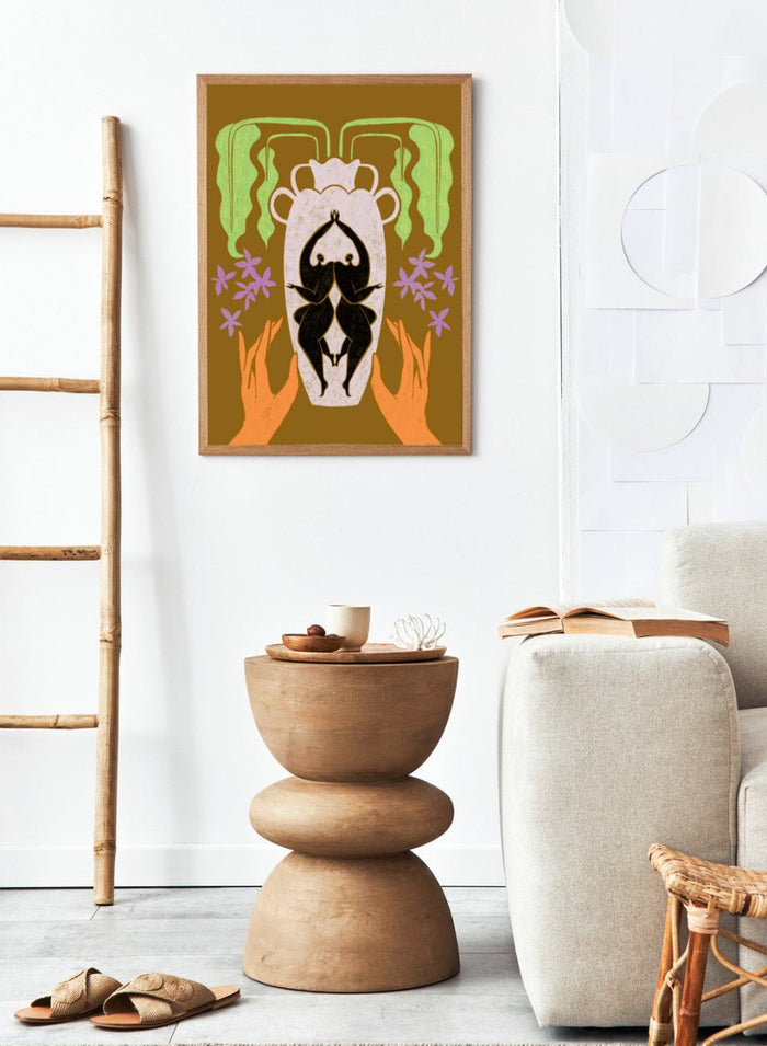 Decorative design with hands holding a vase, flowers, and abstract elements on a brown background. Vessel Collection: Better Together by Arty Guava art print, modern vase wall poster with mirrored figures, contemporary symbolic minimalist illustration.