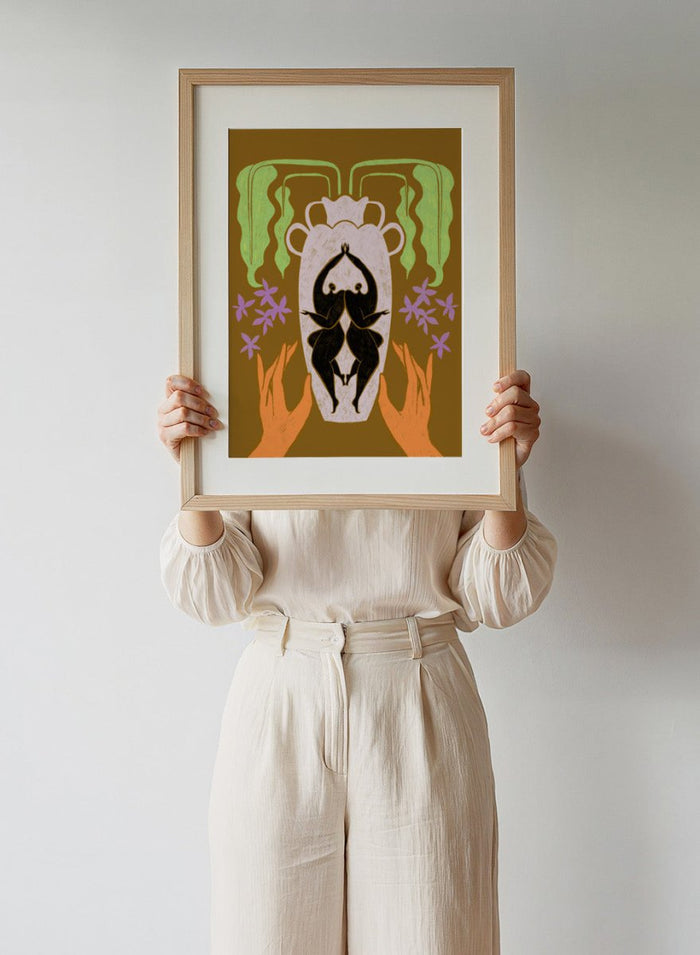 Decorative design with hands holding a vase, flowers, and abstract elements on a brown background. Vessel Collection: Better Together by Arty Guava art print, modern vase wall poster with mirrored figures, contemporary symbolic minimalist illustration.