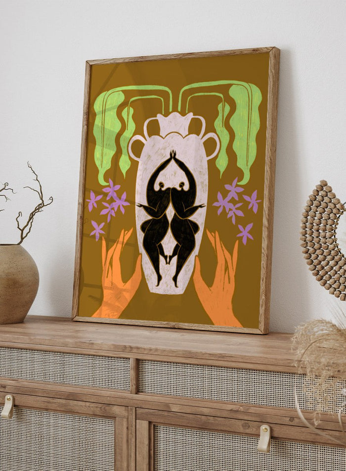 Decorative design with hands holding a vase, flowers, and abstract elements on a brown background. Vessel Collection: Better Together by Arty Guava art print, modern vase wall poster with mirrored figures, contemporary symbolic minimalist illustration.