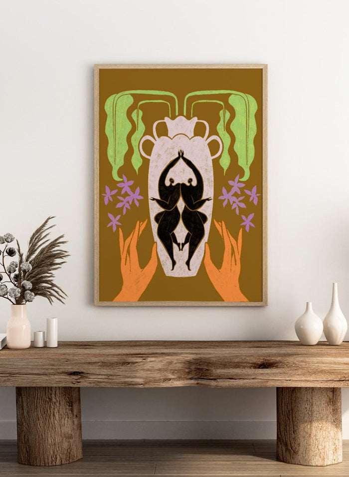 Decorative design with hands holding a vase, flowers, and abstract elements on a brown background. Vessel Collection: Better Together by Arty Guava art print, modern vase wall poster with mirrored figures, contemporary symbolic minimalist illustration.