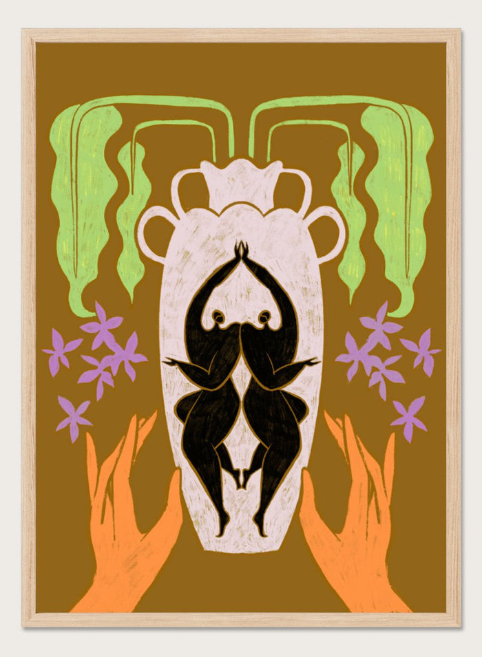 Decorative design with hands holding a vase, flowers, and abstract elements on a brown background. Vessel Collection: Better Together by Arty Guava art print, modern vase wall poster with mirrored figures, contemporary symbolic minimalist illustration.