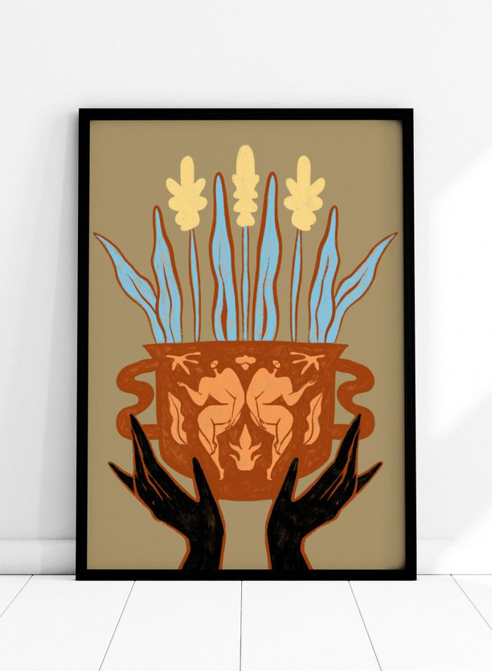 Decorative illustration of a vase with floral design and hands holding it, on a beige background. Vessel Collection: Growth by Arty Guava art print, modern vase wall poster with botanical illustration, contemporary minimalist line artwork.