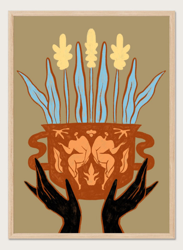 Decorative illustration of a vase with floral design and hands holding it, on a beige background. Vessel Collection: Growth by Arty Guava art print, modern vase wall poster with botanical illustration, contemporary minimalist line artwork.