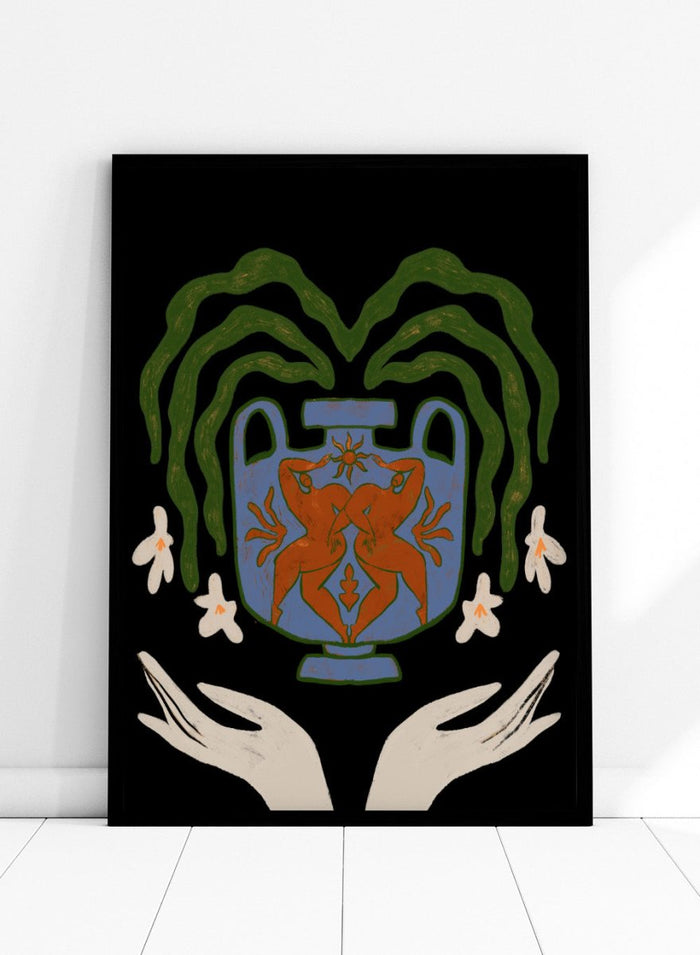 Decorative design with a blue urn, red figure, green leaves, and white flowers on a black background. Vessel Collection: Harmony by Arty Guava art print, modern vase wall poster with botanical illustration, contemporary minimalist line artwork.