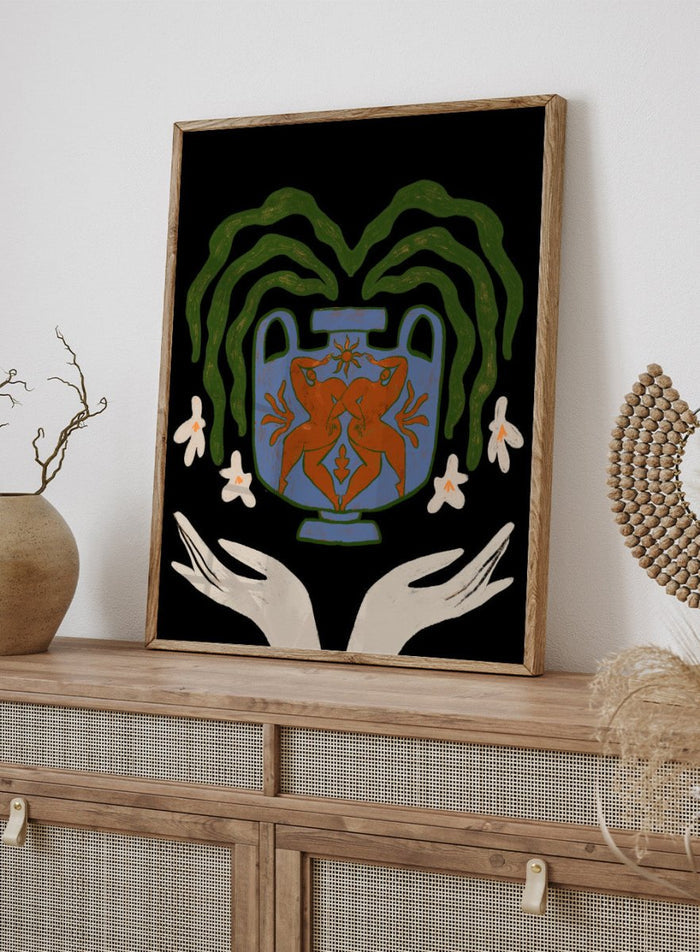 Decorative design with a blue urn, red figure, green leaves, and white flowers on a black background. Vessel Collection: Harmony by Arty Guava art print, modern vase wall poster with botanical illustration, contemporary minimalist line artwork.