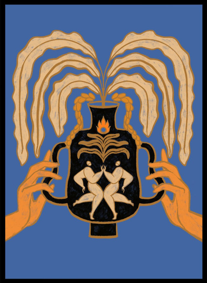 Decorative urn with hands holding it against a blue background. Vessel Collection: Let’s Meet Again by Arty Guava art print, modern vase wall poster with symbolic figures, contemporary blue minimalist illustration.