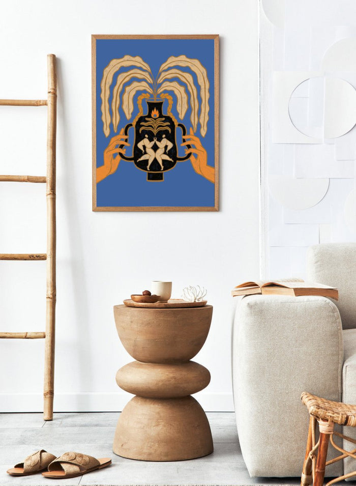 Decorative urn with hands holding it against a blue background. Vessel Collection: Let’s Meet Again by Arty Guava art print, modern vase wall poster with symbolic figures, contemporary blue minimalist illustration.