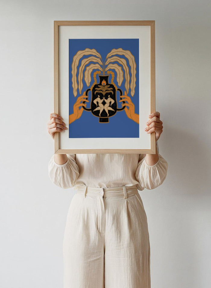 Decorative urn with hands holding it against a blue background. Vessel Collection: Let’s Meet Again by Arty Guava art print, modern vase wall poster with symbolic figures, contemporary blue minimalist illustration.