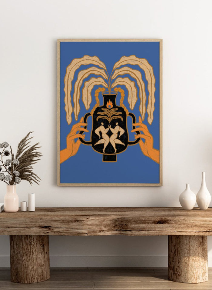 Decorative urn with hands holding it against a blue background. Vessel Collection: Let’s Meet Again by Arty Guava art print, modern vase wall poster with symbolic figures, contemporary blue minimalist illustration.