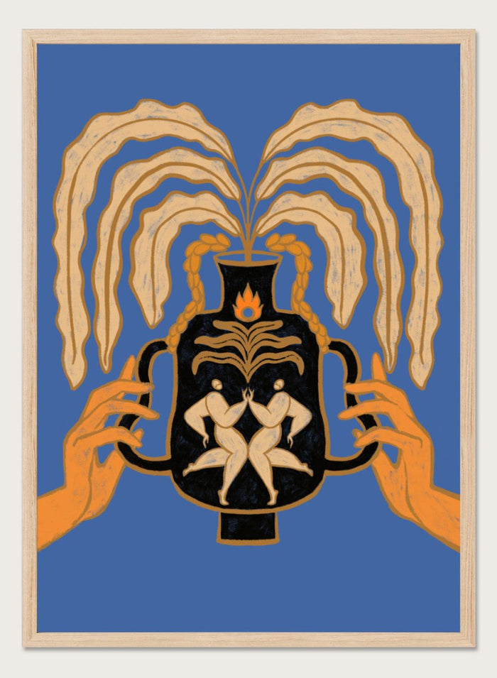 Decorative urn with hands holding it against a blue background. Vessel Collection: Let’s Meet Again by Arty Guava art print, modern vase wall poster with symbolic figures, contemporary blue minimalist illustration.