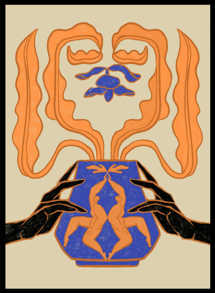 Decorative design with hands holding a vase featuring abstract floral patterns on a beige background. Vessel Collection: New Beginnings by Arty Guava art print, modern vase wall poster with mirrored figures, contemporary blue orange minimalist illustration.