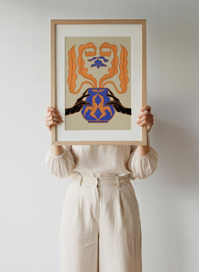 Decorative design with hands holding a vase featuring abstract floral patterns on a beige background. Vessel Collection: New Beginnings by Arty Guava art print, modern vase wall poster with mirrored figures, contemporary blue orange minimalist illustration.