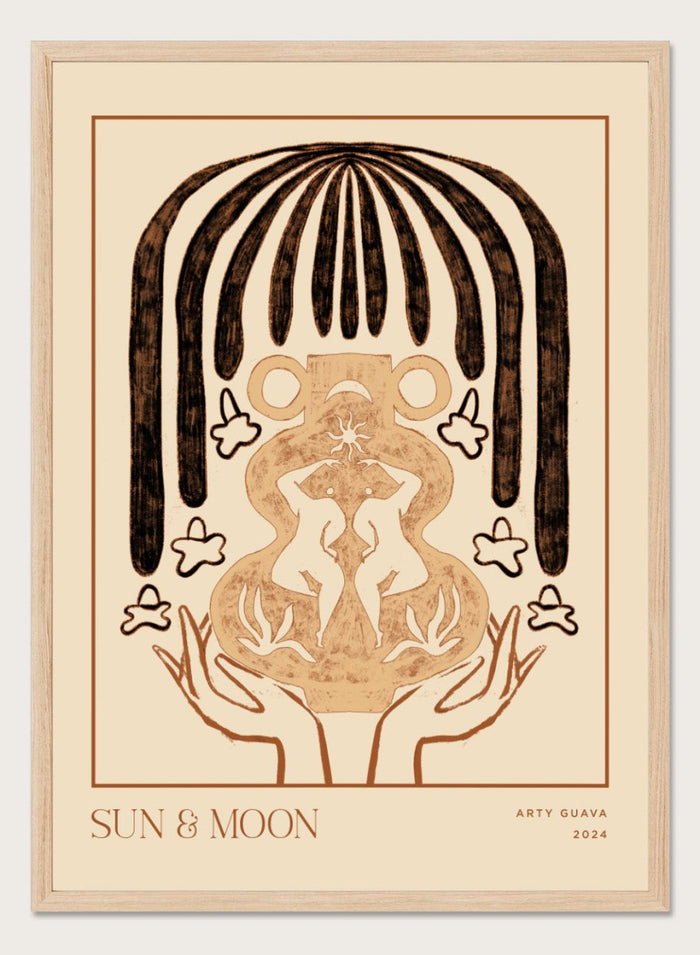 Artistic illustration of hands holding a symbol with 'Sun & Moon' text on a beige background. Vessel Collection: Sun & Moon by Arty Guava art print, modern vase wall poster with moon symbolism, contemporary minimalist line artwork.