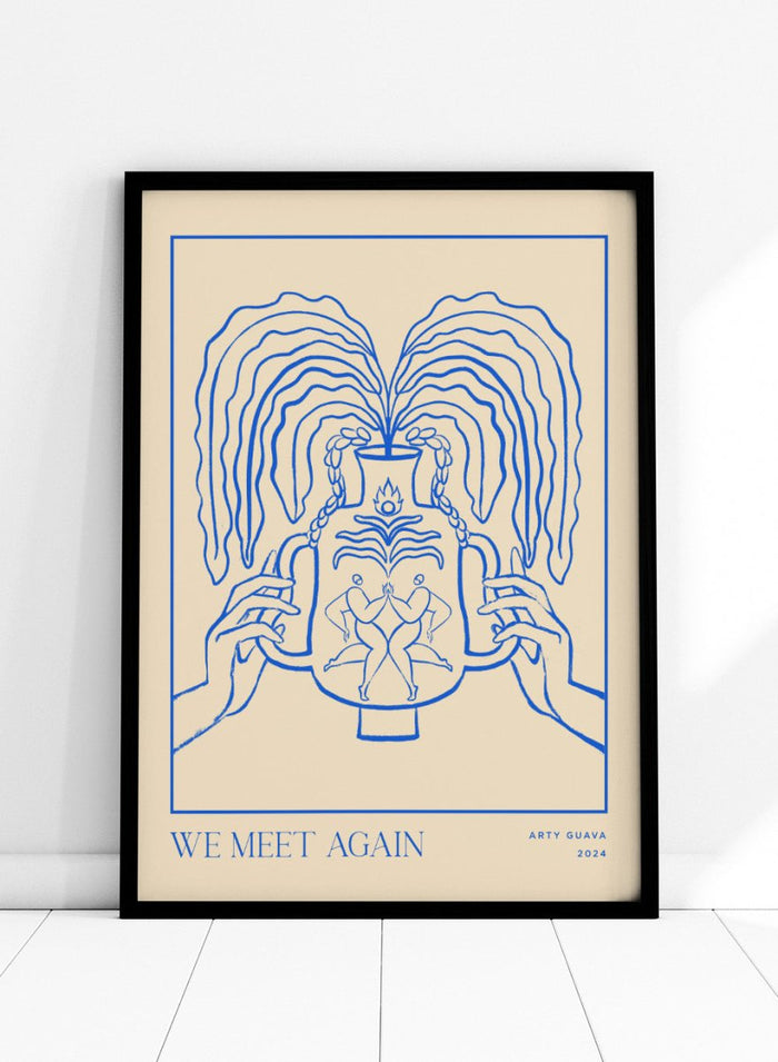 Artistic depiction of hands holding a vase with flowing hair, titled 'We Meet Again' by Arty Guava. Vessel Collection: We Meet Again by Arty Guava art print, modern line wall poster with a decorative vase design, contemporary minimalist artwork.