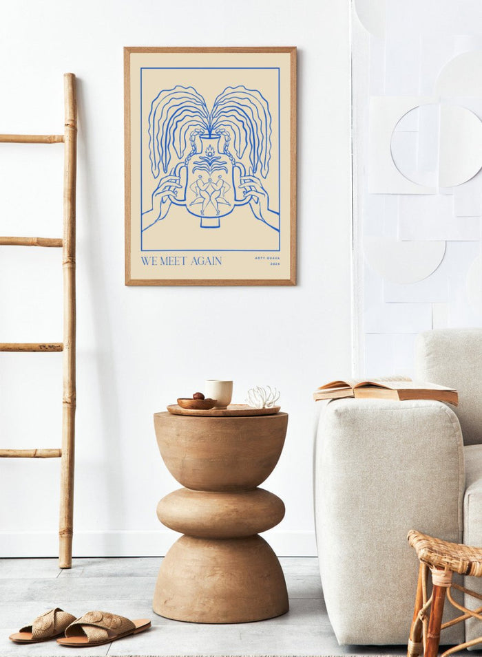 Artistic depiction of hands holding a vase with flowing hair, titled 'We Meet Again' by Arty Guava. Vessel Collection: We Meet Again by Arty Guava art print, modern line wall poster with a decorative vase design, contemporary minimalist artwork.