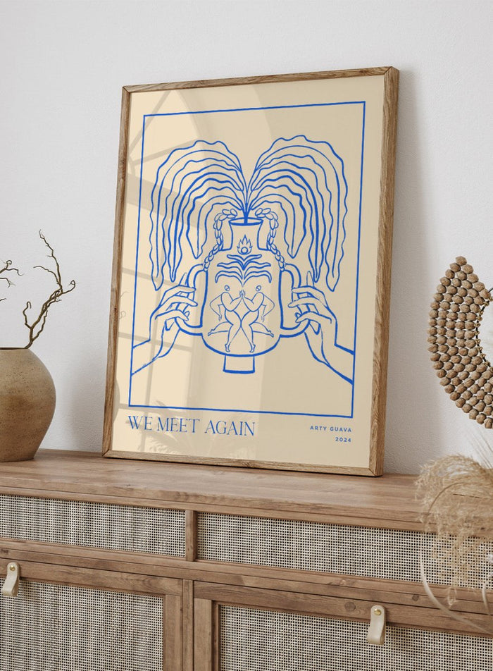 Artistic depiction of hands holding a vase with flowing hair, titled 'We Meet Again' by Arty Guava. Vessel Collection: We Meet Again by Arty Guava art print, modern line wall poster with a decorative vase design, contemporary minimalist artwork.