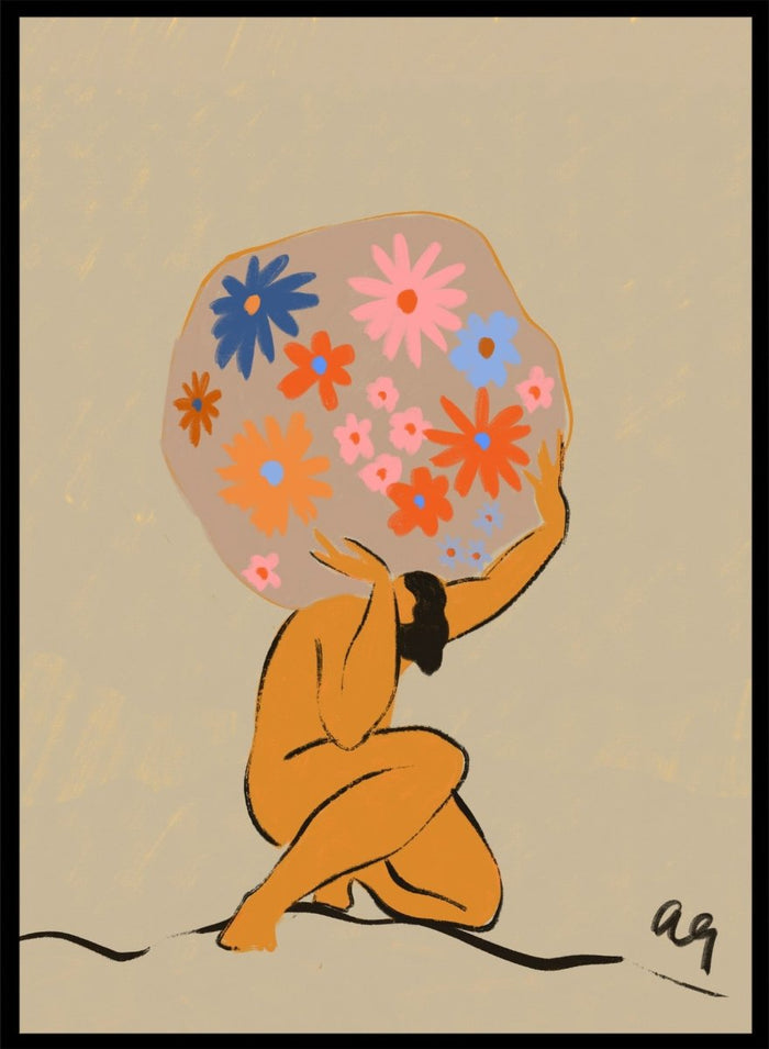 Surreal artwork of a figure holding a globe filled with colorful flowers on a beige background. World On Her Shoulders by Arty Guava is a colorful contemporary art print featuring a floral globe, expressive female figure, empowerment, and modern illustration.