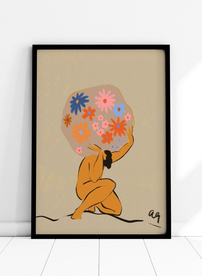 Surreal artwork of a figure holding a globe filled with colorful flowers on a beige background. World On Her Shoulders by Arty Guava is a colorful contemporary art print featuring a floral globe, expressive female figure, empowerment, and modern illustration.
