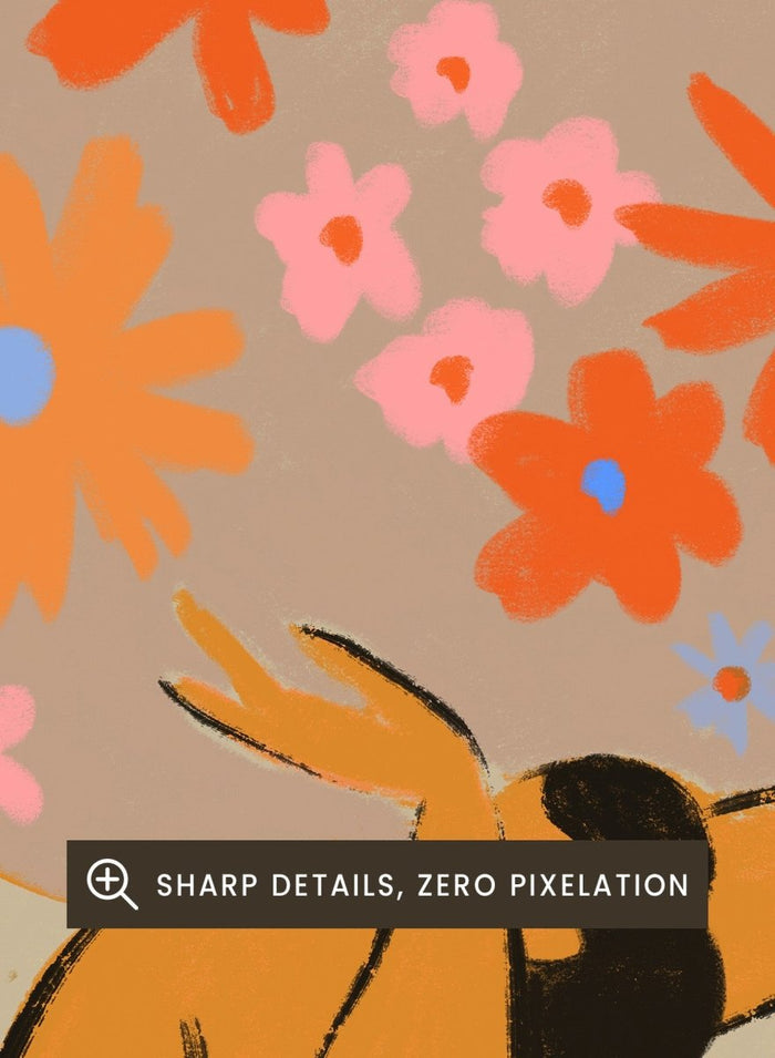 Surreal artwork of a figure holding a globe filled with colorful flowers on a beige background. World On Her Shoulders by Arty Guava is a colorful contemporary art print featuring a floral globe, expressive female figure, empowerment, and modern illustration.