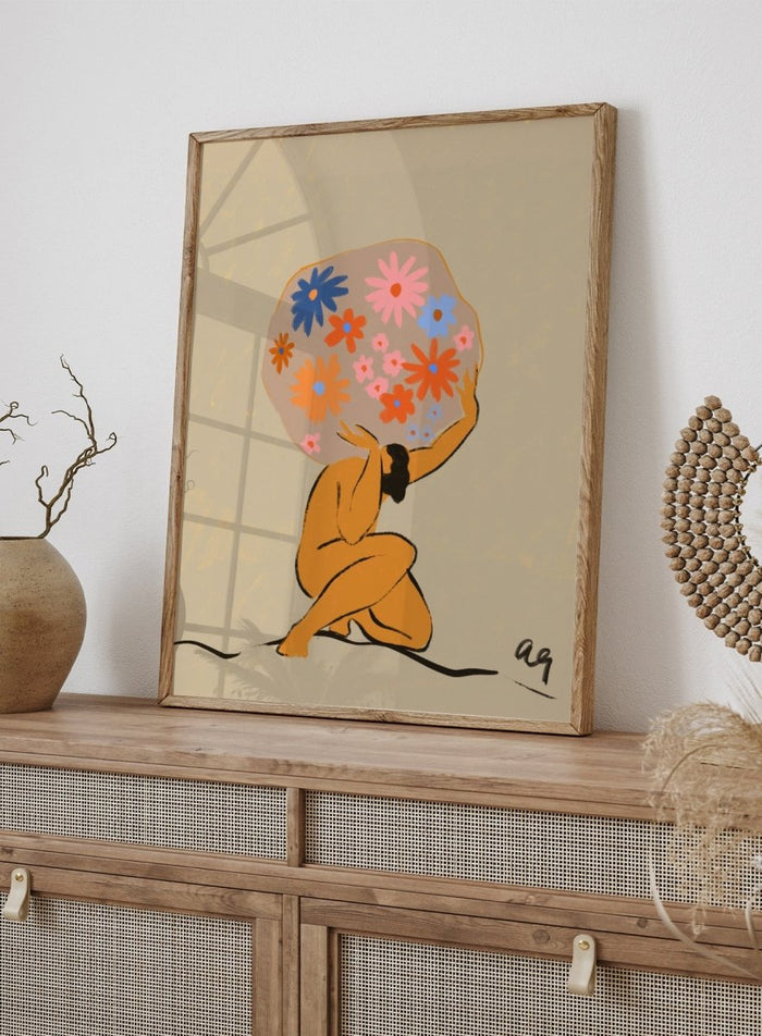 Surreal artwork of a figure holding a globe filled with colorful flowers on a beige background. World On Her Shoulders by Arty Guava is a colorful contemporary art print featuring a floral globe, expressive female figure, empowerment, and modern illustration.