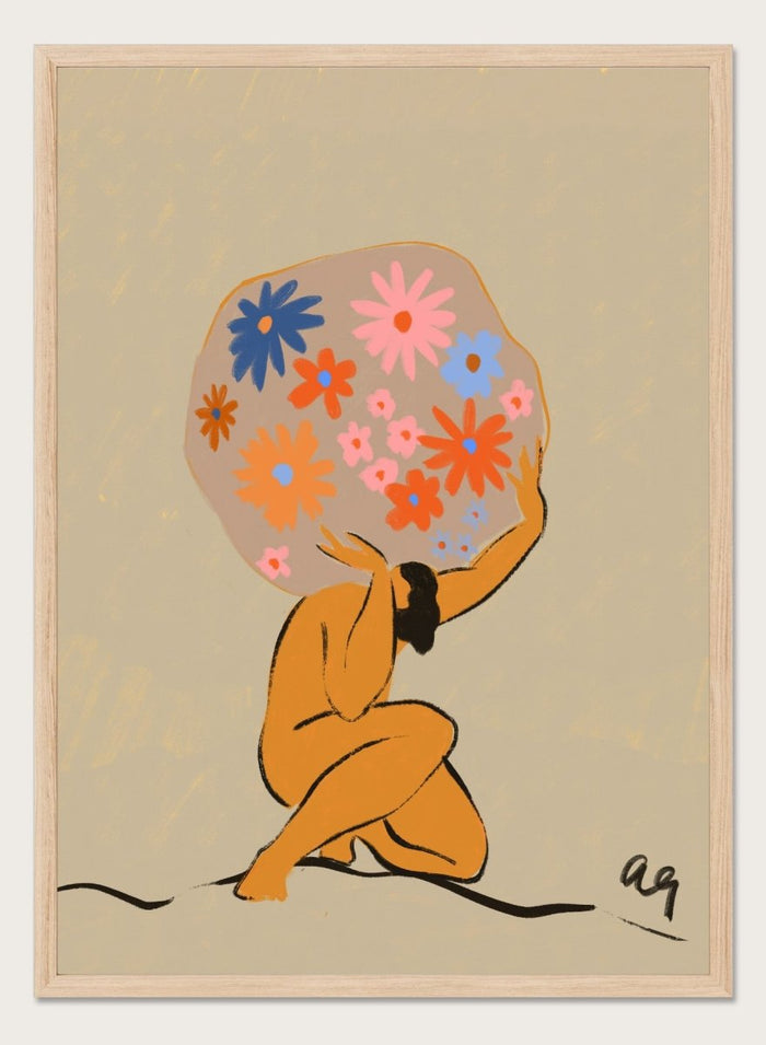 Surreal artwork of a figure holding a globe filled with colorful flowers on a beige background. World On Her Shoulders by Arty Guava is a colorful contemporary art print featuring a floral globe, expressive female figure, empowerment, and modern illustration.