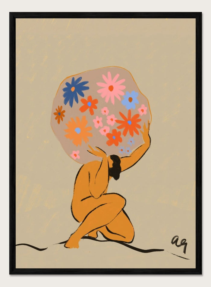 Surreal artwork of a figure holding a globe filled with colorful flowers on a beige background. World On Her Shoulders by Arty Guava is a colorful contemporary art print featuring a floral globe, expressive female figure, empowerment, and modern illustration.
